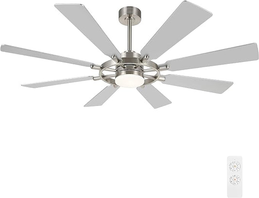 60" Ceiling Fan with Lights and Remote Control, Wood 8 Blades 6-Speed Noiseless Reversible DC Motor, Modern Large Ceiling Fan for Office Bedroom Dining Living Room, Nickel Finish+Silver