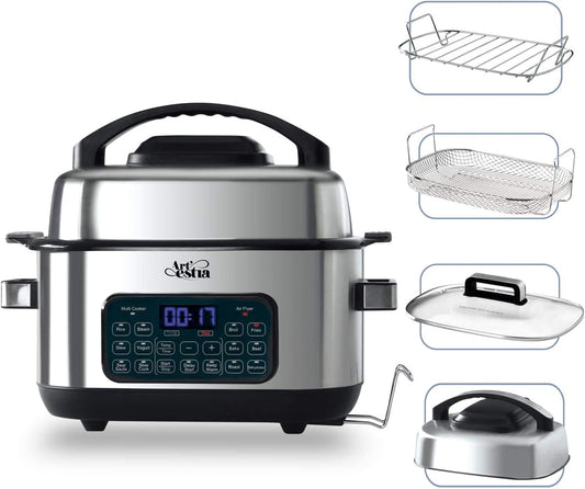 Artestia 12-in-1 Multi Cooker with Air Fry, Sous Vide, Rice, Sauté, Slow Cook, Steam, Roast, & Grill - Removable 6.5 QT Cooking Bowl, 12 Pre-Set Programs, Stainless Steel