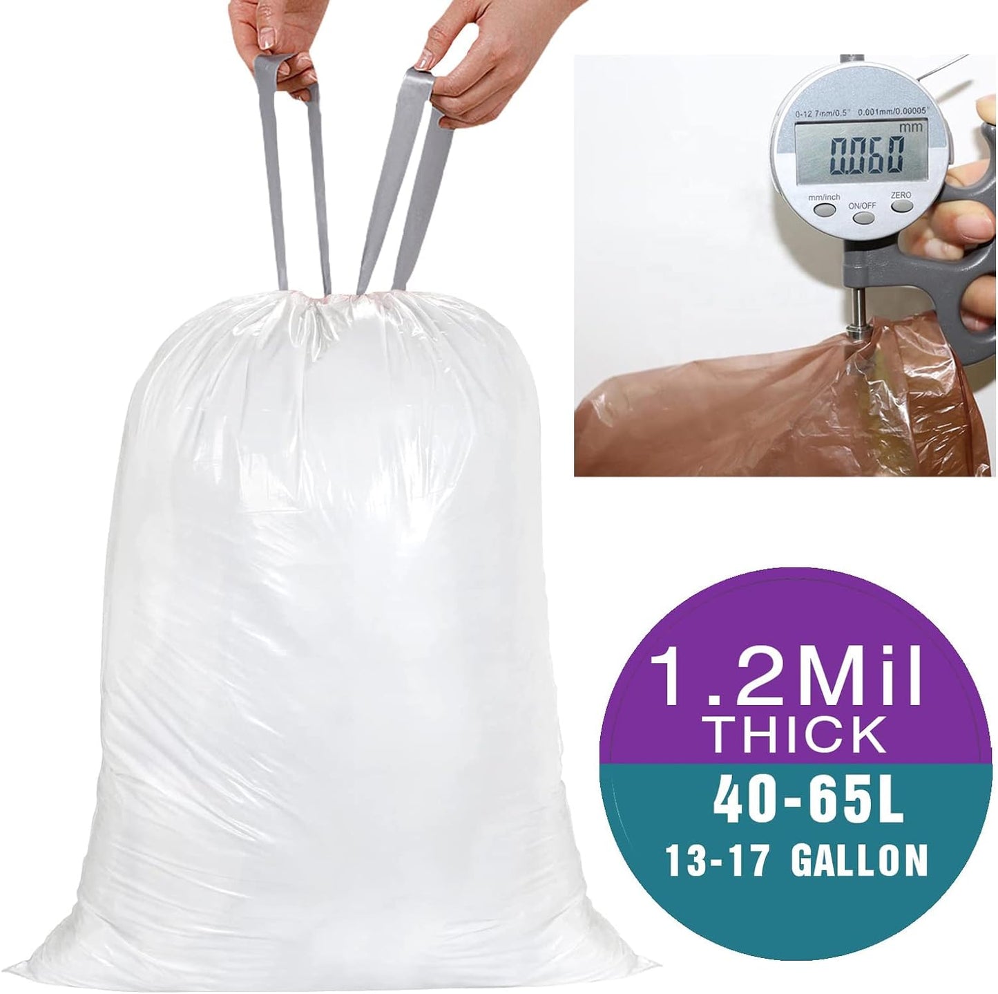 Code Q (200 Count) 13-17 Gallon Heavy Duty Drawstring Plastic Trash Bags Compatible with simplehuman Code Q,1.2 Mil,White Drawstring Garbage Liners 13-17 Gallon/40-65 Liter