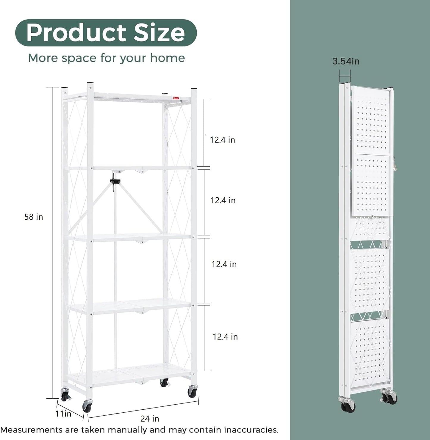 DEANIC 5-Shelf Folding Bookcase with Wheels, Heavy Duty Storage Shelves, Freestanding Metal Wire Shelving Unit for Living Room, Office, Kitchen, Basement, Pantry (White)