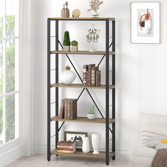 FOLUBAN 5 Tier Tall Bookshelf, Industrial Vintage Book Shelf, Rustic Wood and Metal Bookcase for Home Office Bedroom, Oak