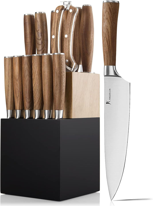 Natura Series 15 PCS Knife Block Set, Ultra Sharp High Carbon Stainless Steel with Wooden Handle