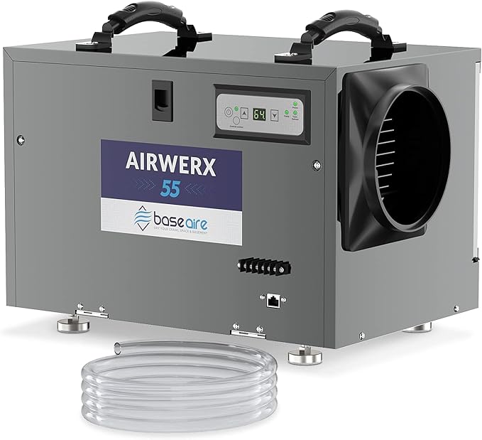 BaseAire AirWerx55 Dehumidifier for Crawl Space Basement,120 Pints Commercial Dehumidifier with Continuous Drain Hose, 5 Years Warranty, Intelligent Humidity Control, Auto Shut off/Restart