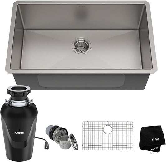 KRAUS Standart PRO™ 30-inch 16 Gauge Undermount Single Bowl Stainless Steel Kitchen Sink with WasteGuard™ Continuous Feed Garbage Disposal, KHU100-30-100-75MB