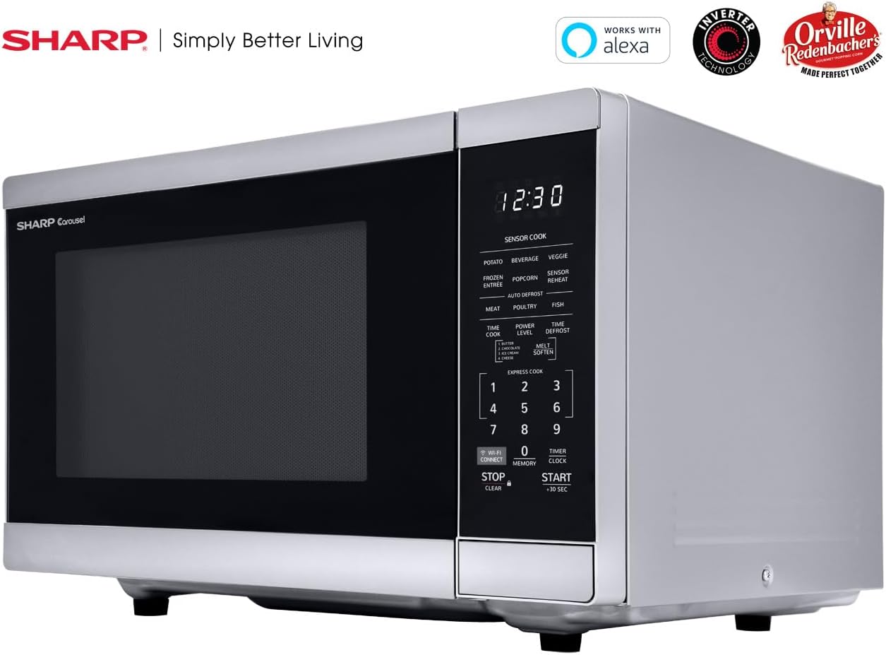 SHARP Countertop Microwave Oven. Compatible with Alexa. Orville Redenbacher's Certified. Removable 12.4" Carousel Turntable, 1.4 Cubic Feet, 1100 Watt with Inverter Technology, Stainless Steel