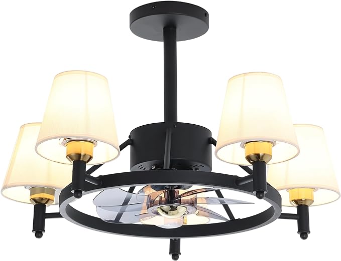 Black Wagon Wheel Chandelier Ceiling Fans with Light, Modern Chandeliers with Fabric Lampshade for Dining Room Over Table Kitchen Entryway Bedroom Reversible ABS Blades E26 6 Speed