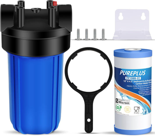 PUREPLUS 1-Stage Whole House Water Filter, with Sediment and Carbon Water Filter, 10" x 4.5" Cartridge Universal Housing, Pre-Filtration System for Tap Water, 1" NPT Port