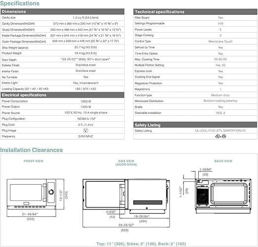 Commercial Microwave Oven NSF Certified Countertop 110V, 1000W, Capacity 1.3 Cuft Heavy duty for restaurant, 1034N1A