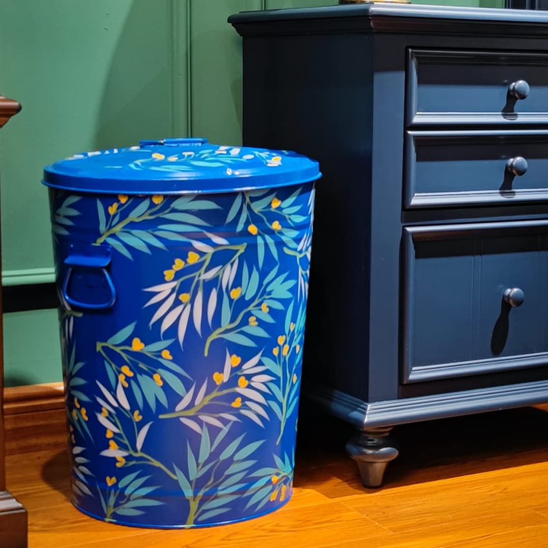 Hand Painted Metal Trash Can with Lid Recycling Canister Storage Organization Decorative Garbage Can Waste Bin for Kitchen Living Room Home Patio Yard Home Decor 10 Gallons