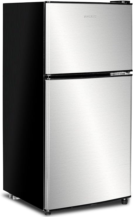 Anukis Compact Refrigerator 3.2 Cu Ft 2 Door Mini Fridge with Freezer for Apartment, Dorm, Office, Family, Basement, Garage - Silver