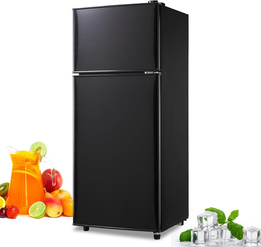 FLS-80-BLACK 3.5Cu.Ft Compact Refrigerator, Retro Fridge with Dual Door, Small Refrigerator with freezer,7 Level Adjustable Thermostat for Garage, Dorm,Bedroom