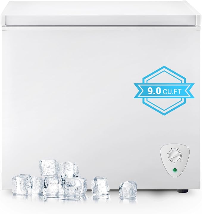 Chest Freezer 9.0 cu.ft Compact Freezer Top Door, White Deep Freezer Low Noise Manual defrost 7-grade Temperature Control with Removable Basket, Applicable to Kitchen Office Dorm