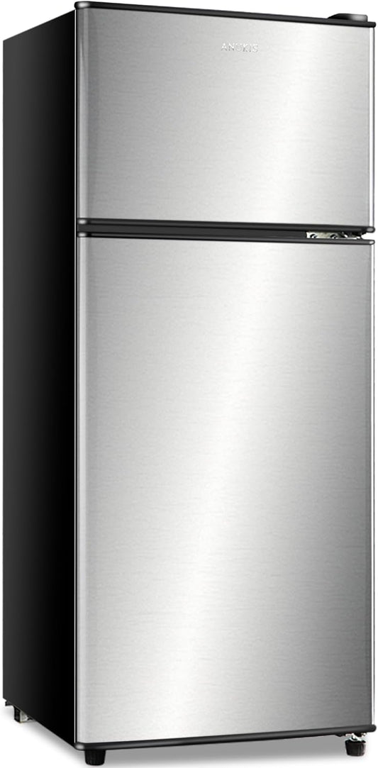 Anukis Compact Refrigerator 3.8 Cu Ft 2 Door Mini Fridge with Freezer for Apartment, Dorm, Office, Family, Basement, Garage - Silver