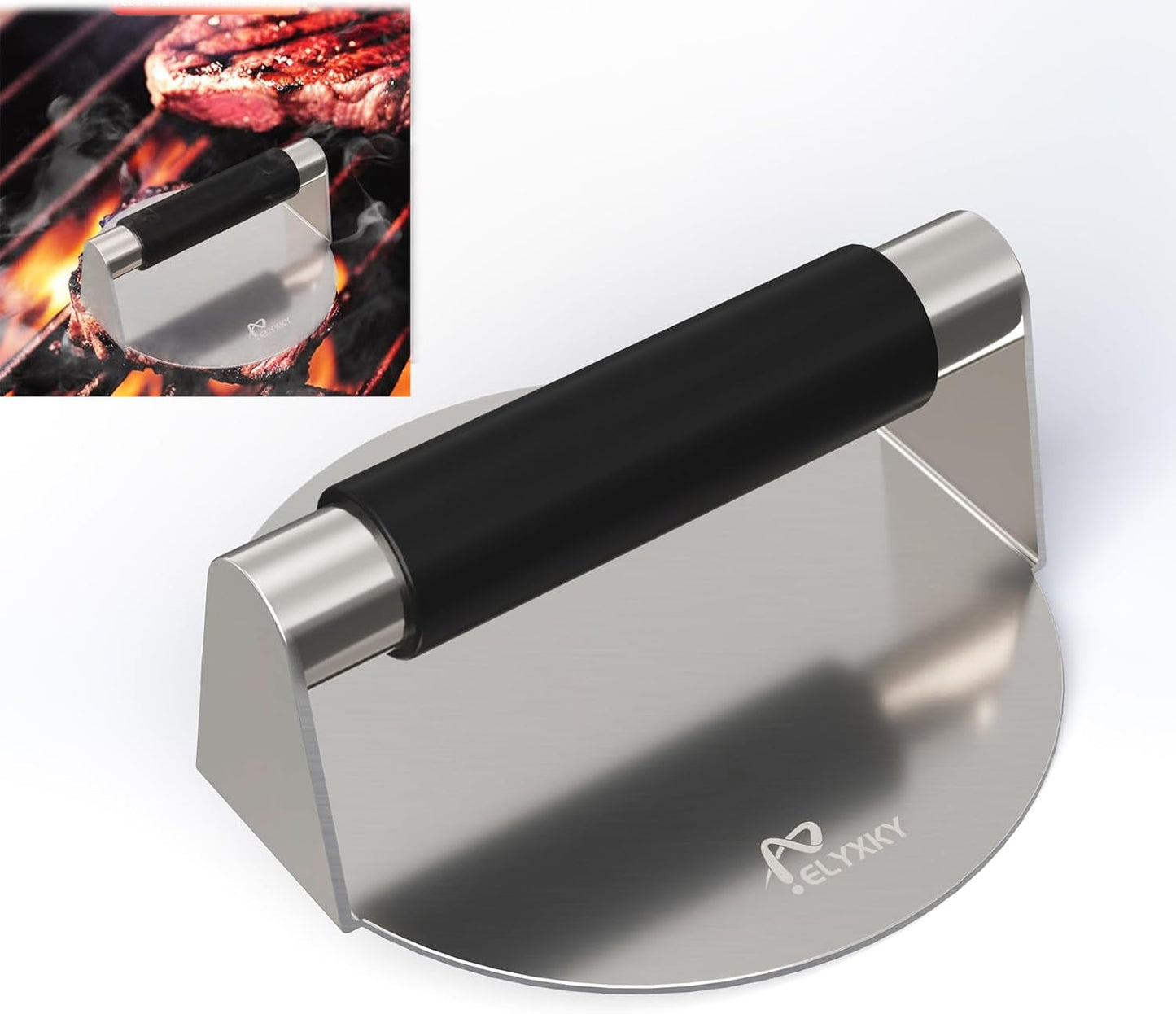 Food Grade 304 Stainless Steel Smash Burger Press, 5.5 Inch Round Smasher, Hamburger Press with Silicone Anti-Scald Handle. Product Designed for use with Ground Beef, Meat, Sausage