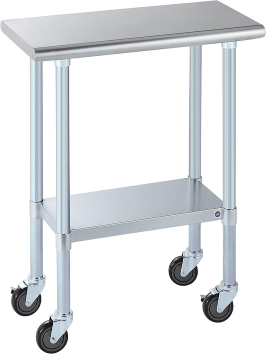 ROCKPOINT Stainless Steel Prep & Work with Caster 14x30 Inches Commercial Kitchen Adjustable Under Shelf and Table Foot for Restaurant, Home and Hotel, 14x30inch, Silver