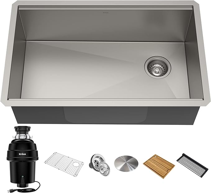 Kraus KWU110-30-100-100MB, Kore Workstation 30-inch Undermount 16 Gauge Single Bowl Stainless Steel Kitchen Sink with WasteGuard 1 HP Continuous Feed Garbage Disposal