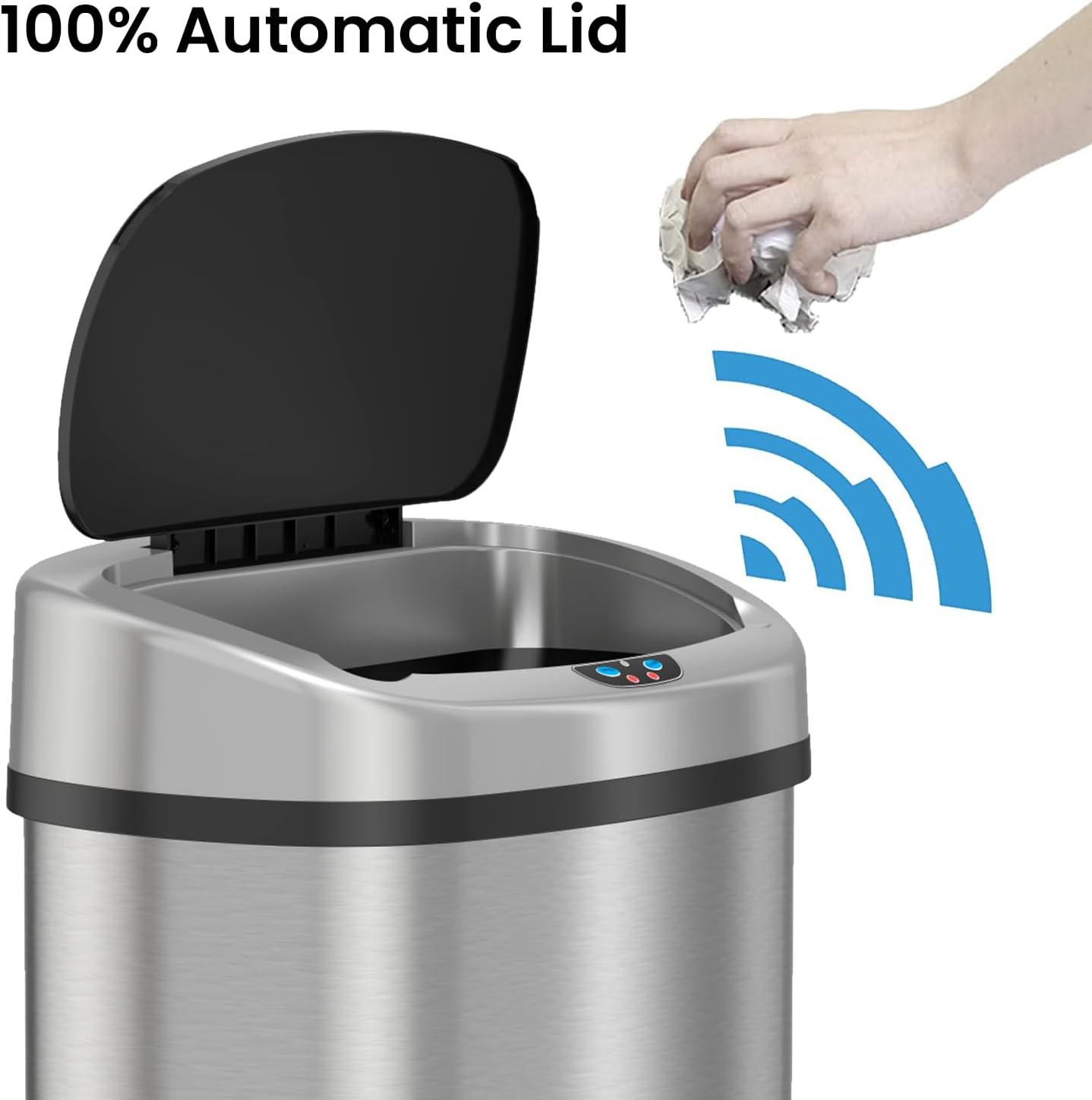 13 Gallon Sensor Trash Can with Wheels and AbsorbX Odor Control System, Stainless Steel, Oval Shape Automatic Kitchen and Office Garbage Bin (Powered by Battery or Optional AC Adapter)