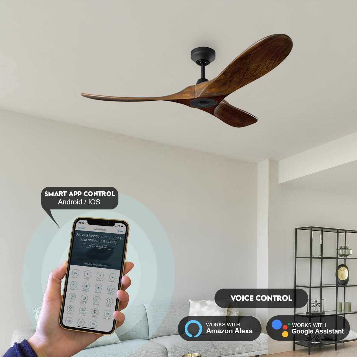 3MAVSM60MBK Smart Maverick Ceiling Fan with Remote Control, Indoor or Outdoor, Compatible with Alexa & Google Voice (Midnight Black with Dark Walnut Blades, 60-inch)