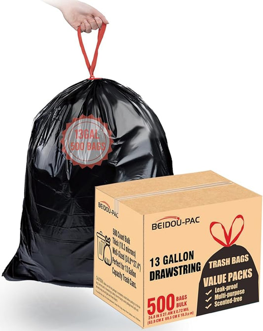 13 Gallon Trash Bags Drawstring, 500 Count Bulk Value Pack, Black & Unscented Garbage Bags, Multi-purpose Tall Kitchen Trash Bags Can Liners for Business Home Commercial and Industrial