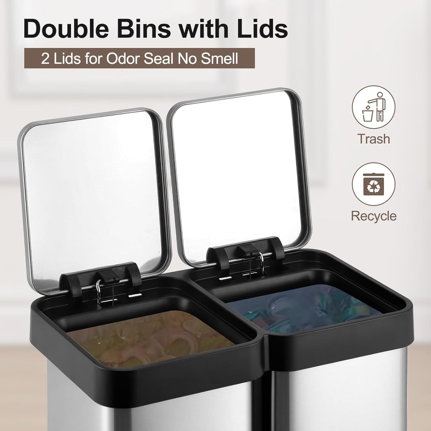 10 Gallon Dual Trash and Recycling Bin, 40L(2x20L) Fingerprint Proof Stainless Steel Kitchen Garbage Can with Double Lid, Hands-Free Step Rubbish Bin without Inner Bucket for Kitchen Home Office