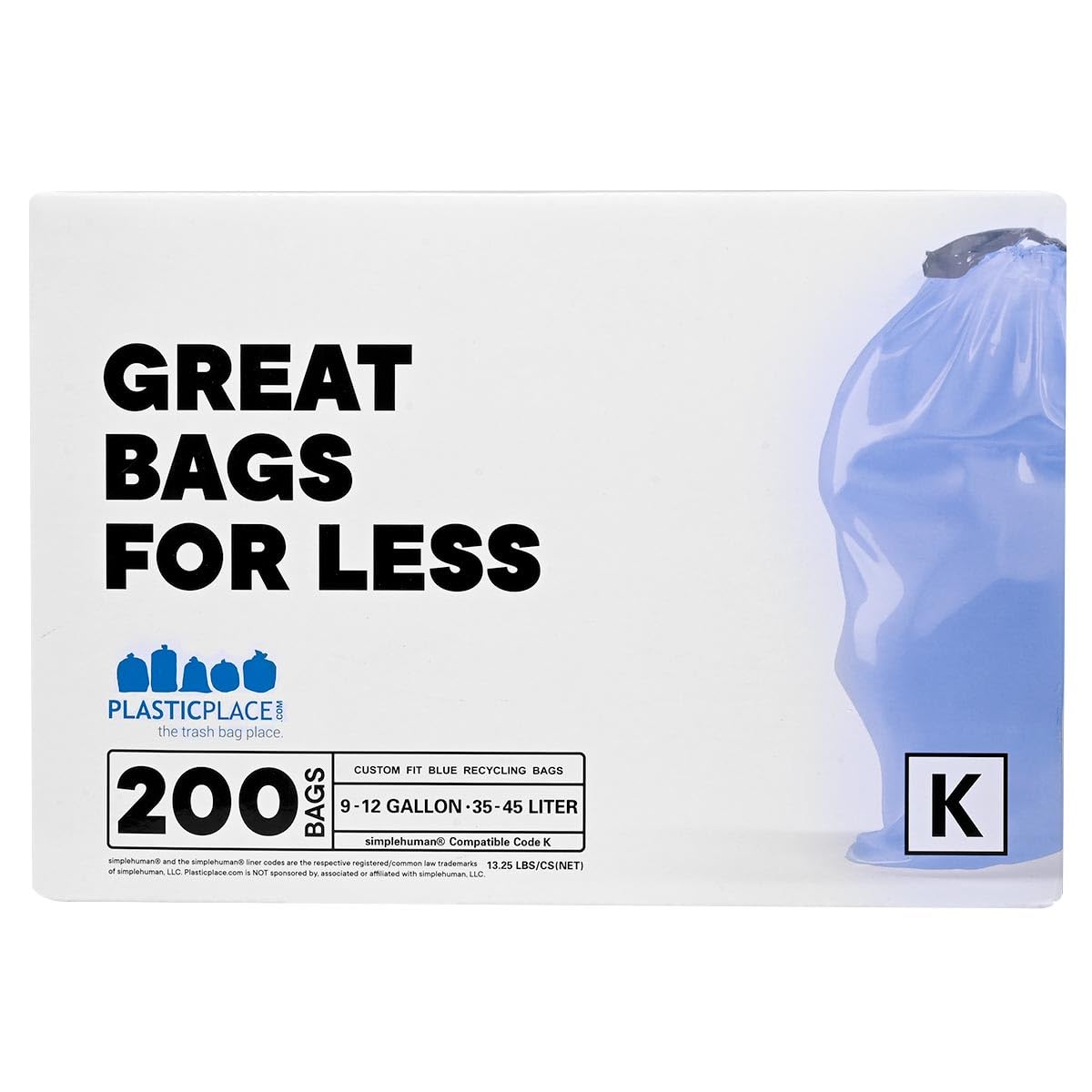 Plasticplace Custom Fit Trash Bags, Compatible with simplehuman Code K (100 Count) Tinted Blue Drawstring Garbage Liners 10 Gallon / 38 Liters, 24" x 28"