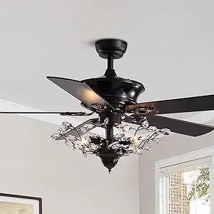 CROSSIO Modern Crystal Chandelier Ceiling Fan Gorgeous Reversible Ceiling Fan Light Fixture with Remote for Bedroom Living Room (Black-2, 50")