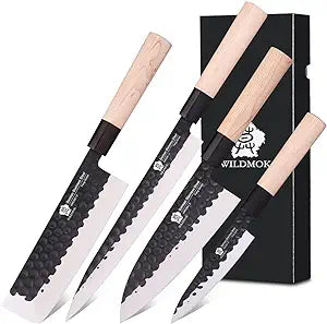 WILDMOK 4pcs Knife Set GYUTO Sashimi Sushi Knife Sets for Left Handed, Fish Filleting Chef Knife for Kitchen German Steel Blade & Traditional Wooden Handle