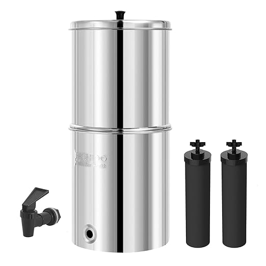 1.5G Stainless Steel Gravity-Fed Water Filter System with 2 Black Purification Filter and Metal Spigot, NSF/ANSI 42 Certification, Reduces up to 99% of Chlorine, for Home, Camping, Outdoor