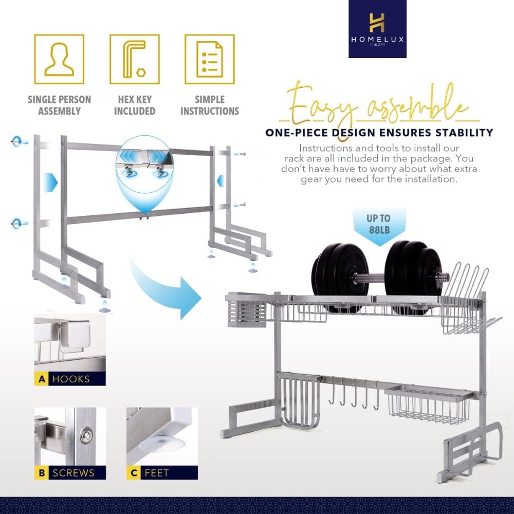 HOMELUX THEORY Over The Sink Dish Drying Rack Premium Stainless Steel. Adjustable Kitchen Rack. Above Sink Dish Rack Shelf Kitchen Counter Organizer Dishrack. 2 Tier (Silver, Adjustable)