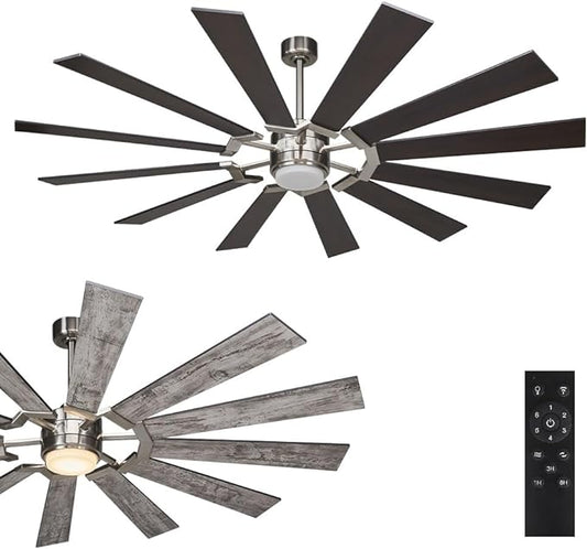 72 Inch 12 Blades Indoor Ceiling Fan with Light and Remote, Reversible DC Silent Motor, 110V ETL Listed for Living Room, Dining Room, Bedroom, Basement, Kitchen, Brushed Nickel