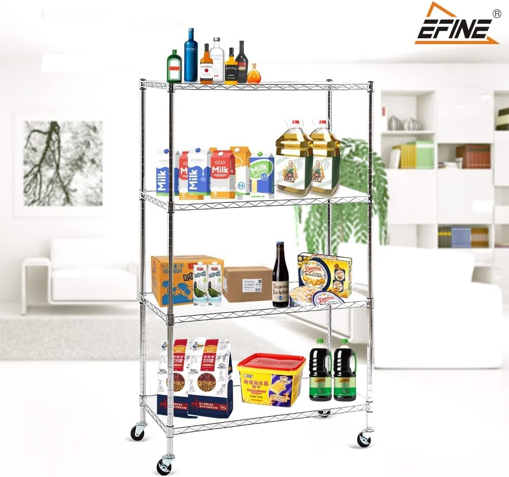 EFINE Chrome 4-Shelf Shelving Units and Storage Rack on Wheels with Shelf Liners Set of 4, NSF Certified, Adjustable Matel Wire Shelving Unit Rack for Garage, Kitchen, Office(30W x 14D x 50H)