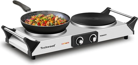 Hot Plate, Techwood Double Burner for Cooking, 1800W Countertop Electric Stoves with Adjustable Temperature & Stay Cool Handles, Dual Cooktop for RV/Home/Camp, Upgraded Version Stainless Steel, Silver