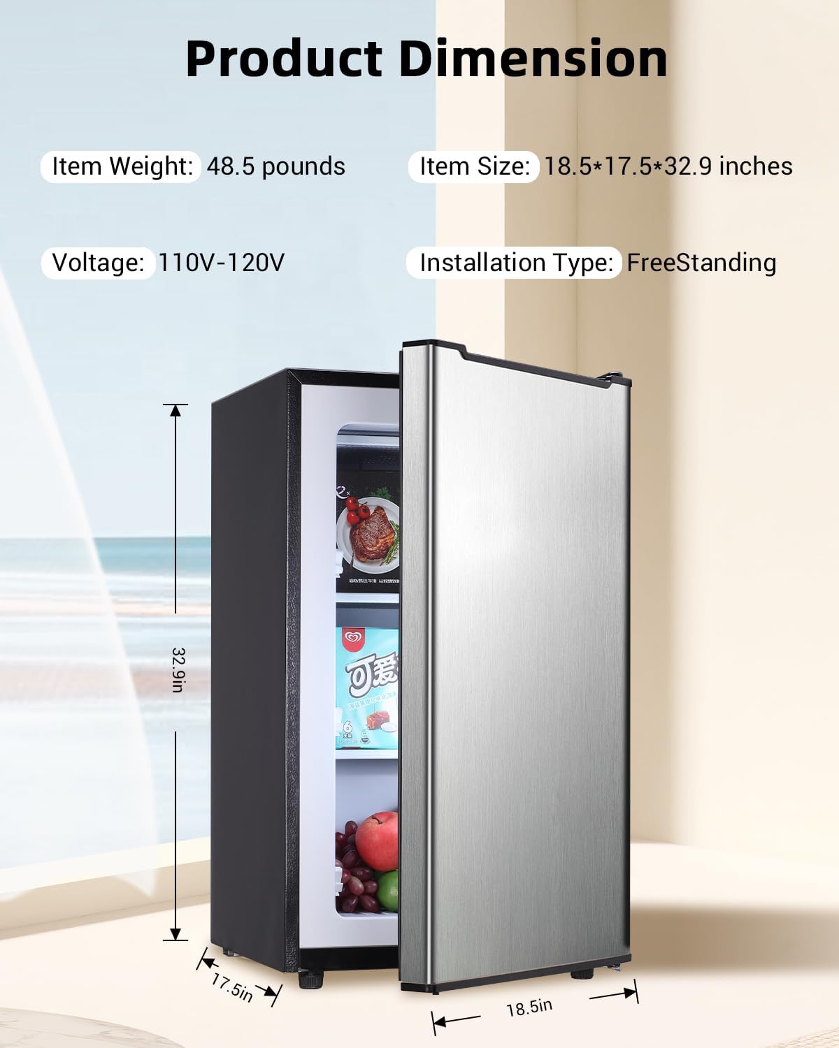 Upright Freezer, 3.2 Cu.ft Mini Freezer with Removable Shelves, 3-Level Adjustable Thermostat, Perfect for Home, Dorm, Office, Garage, Silver Color