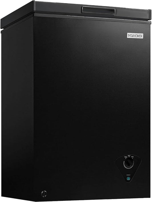 Igloo 3.5 Cu. Ft. Chest Freezer with Removable Basket and Front Defrost Water Drain, Small Deep Freezer Perfect for Homes, Garages, and RVs, Black