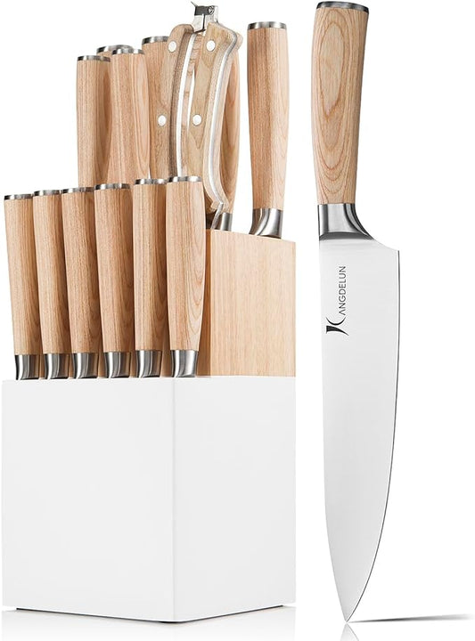 14 PCS White Block Knife Set, Ultra Sharp High Carbon Stainless Steel, Pakkawood Handle