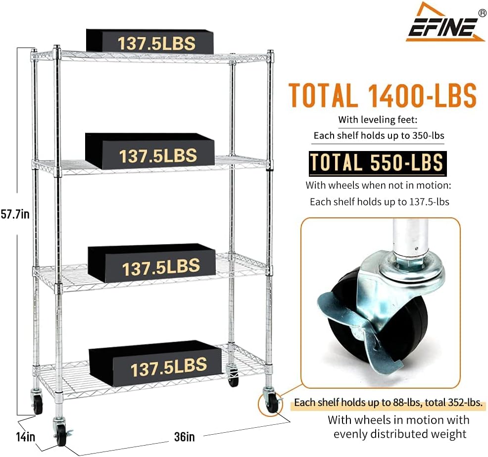 EFINE Chrome 4-Shelf Shelving Units and Storage on 3'' Wheels with 4-Shelf Liners, Adjustable Heavy Duty Steel Wire Shelving Unit for Garage, Kitchen, Office (36W x 14D x 57.7H) Pole Diameter 1 Inch