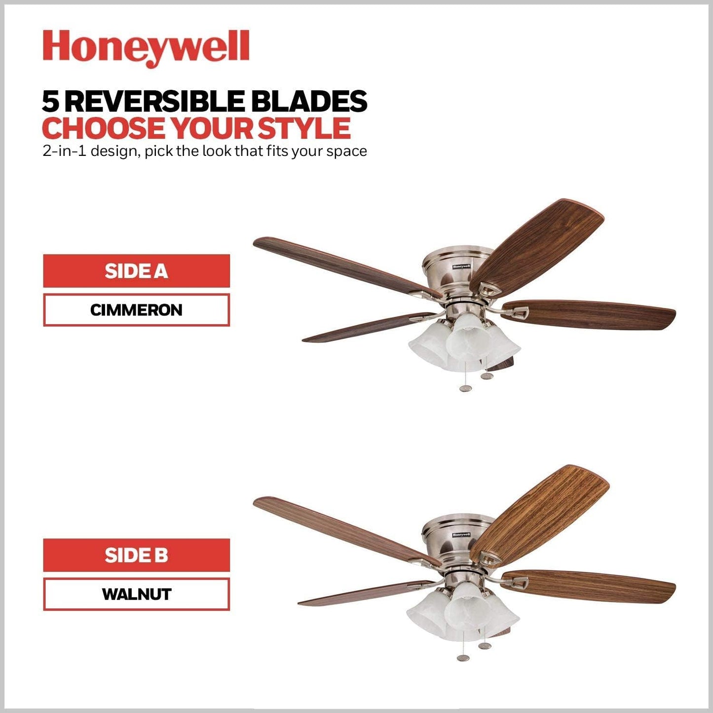 Honeywell Ceiling Fans Glen Alden, 52 Inch Classic Flush Mount Indoor LED Ceiling Fan with Light, Pull Chain, Quick-2-Hang Dual Finish Blades, Reversible Motor - 50182 (Brushed Nickel)