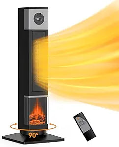 33" Space Heaters for Indoor Use, Ceramic Tower Space Heater for Room Heating, Timer and Remote Control, 1500W Fast Heating, 3D Realistic Flame, Digital Display, Overheat Protection