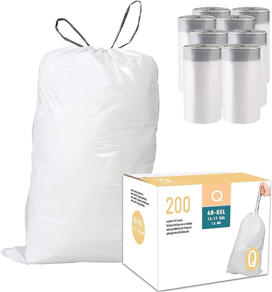 Code Q (200 Count) 13-17 Gallon Heavy Duty Drawstring Plastic Trash Bags Compatible with simplehuman Code Q | 1.2 Mil | White | 40-65 Liter