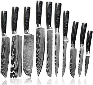 ROYAL SIGNET Kitchen knife sets, 3.5-8 inch set boxed knives 400 stainless steel ultra-sharp Japanese knives, damascu knife set, 10 tactical pieces knife set for chefs (Black Resin)