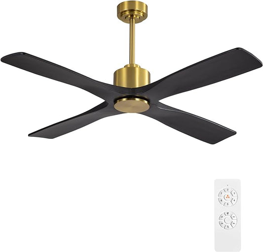 WINGBO 54 Inch DC Ceiling Fan Without Lights, 4 Carved Solid Wood Blades, 6-Speed Noiseless Reversible DC Motor, Modern Ceiling Fan No Light with Remote, Brass Finish with Black Blades, ETL Listed