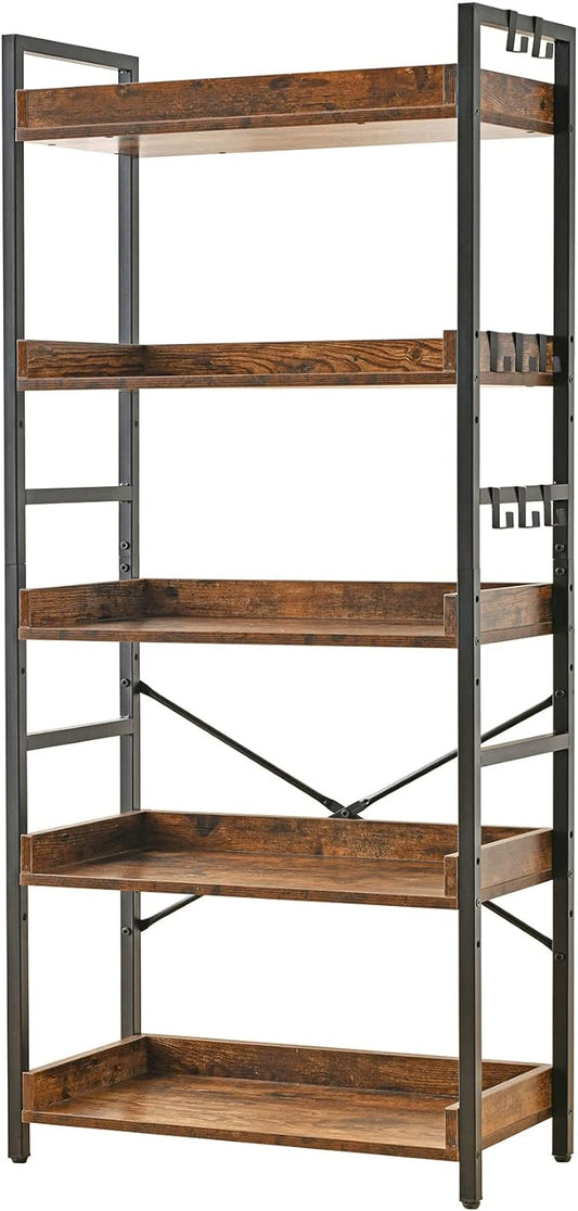 HCHQHS Adjustable 5 Tier Open Bookcase, Rustic Farmhouse Book Shelves, Industrial Wood and Black Metal Bookshelves, Mid Century Bookcase for Home Office Living Room Bedroom