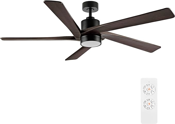 WINGBO 64 Inch DC Ceiling Fan with Lights and Remote Control, 5 Reversible Carved Wood Blades, 6-Speed Noiseless DC Motor, Modern Ceiling Fan in Matte Black Finish with Walnut Blades, ETL Listed