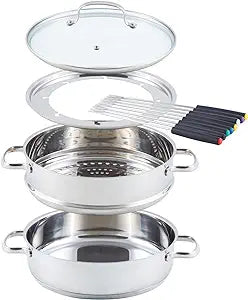 Nuwave 18/8 Stainless Steel Ultimate Cookware Set, Free of PTFE, PFOA, PFOS, Fondue Pot Set, Works On ALL Cooktops and Induction Cookers, Steamer Basket, Glass Lid & 8 Fondue Forks Included (Renewed)