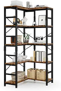 NUMENN 5 Tier Corner Bookshelf, Modern Corner Bookcase, Large Open Shelf Bookcase, Tall Bookshelves Storage Display Rack for Bedroom, Living Room and Home Office, Vintage