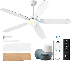 Amico Ceiling Fans with Lights, 60'' Smart Ceiling Fan with Remote Control, Reversible DC Motor, 5 Blades, 6 Speeds, 3CCT, Dimmable, Noiseless, Alexa White Ceiling Fan for Bedroom, Kitchen, Farmhouse