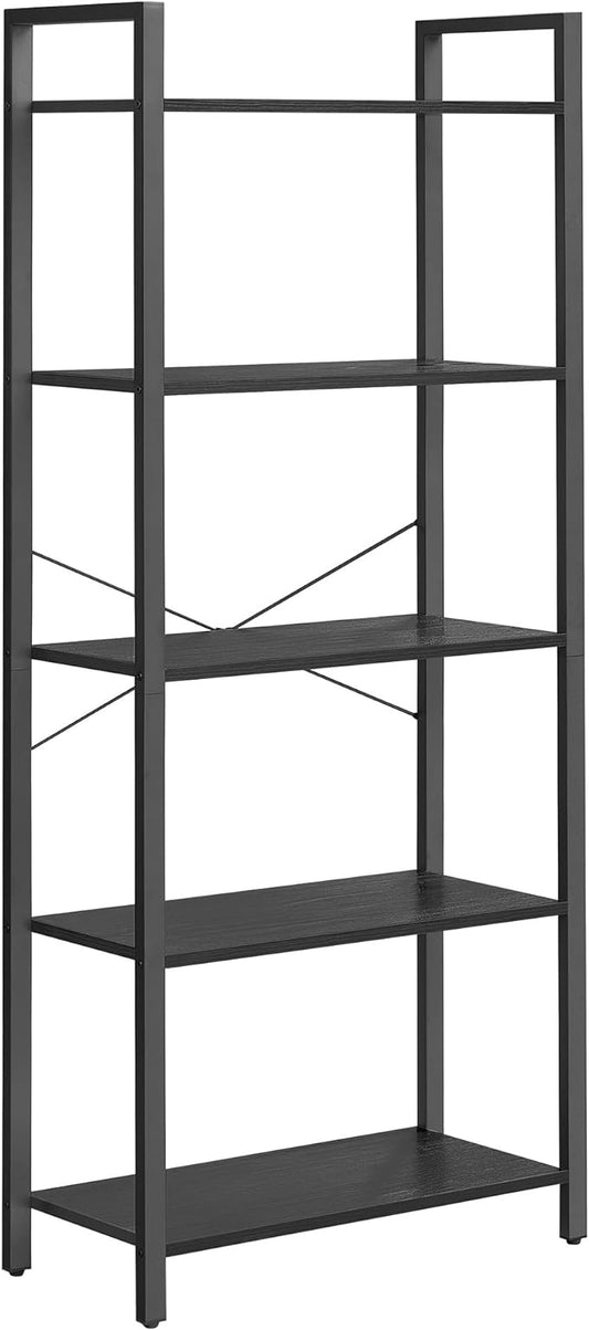 VASAGLE 5-Tier Tall Bookshelf, Bookcase with Steel Frame, Book Shelf for Living Room, Home Office, Study, 11.8 x 26 x 60 Inches, Industrial Style, Ebony Black and Black ULLS061B56