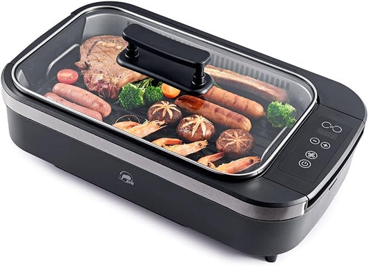 X&E Smokeless Indoor Grill, 1500W Non-Stick Removable Electric Grill and Griddle, Temperature Adjustable to 450°F, 6 Heating Tubes to Edge for Even Heat, Tempered Glass Lid, Dishwasher Safe