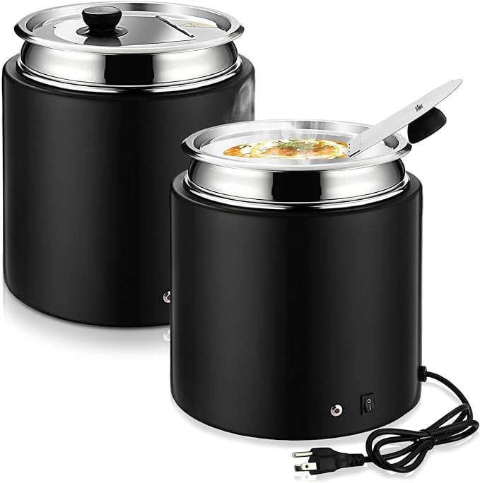 2 Pcs Commercial Soup Warmer Pot Electric Food Warmer with Hinged Lid 12 Qt Removable Stainless Steel Insert Large Soup Kettle for Buffet Wedding Family Christmas July Father Day Party(Black)