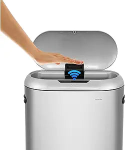 happimess HPM1016A Robo Kitchen 13.2-Gallon Slim Oval Motion Sensor Touchless Trash Can with Touch Mode, Fingerprint Resistant, Modern, Minimalistic for Kitchen, Office, Bathroom, Platinum Silver